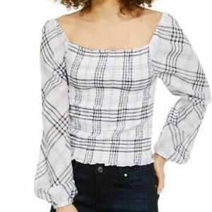 INC Women's Blouse White Size Large M Knit Plaid Metallic Smocked (D)
